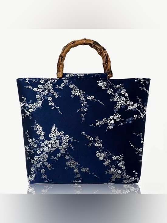 Handbags - Elegant Navy Floral Tote with Bamboo Handle